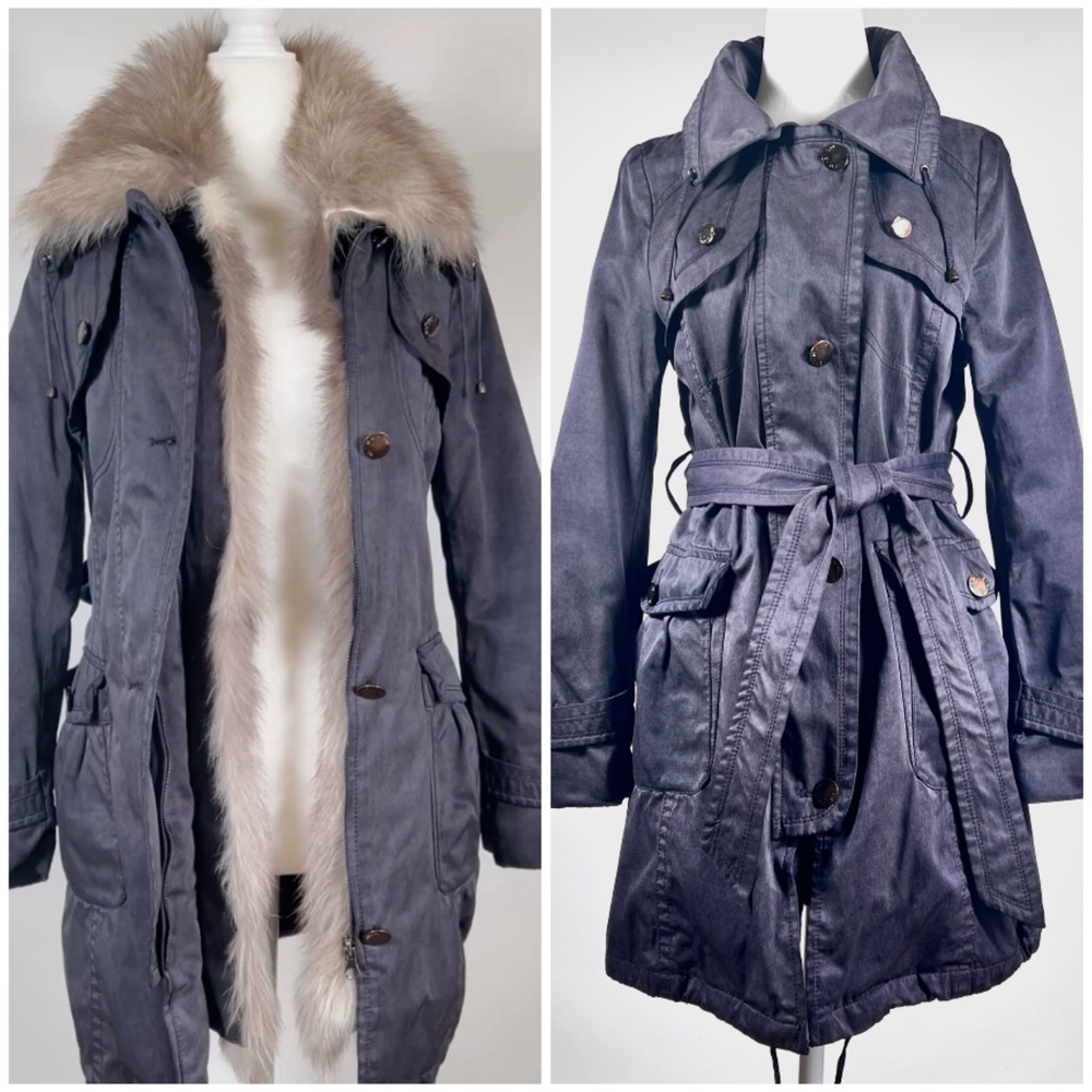 VISIT in NY Womans Jacket Charcoal Utility Jacket with Genuine Fur Trim